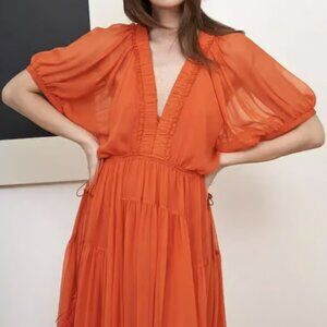 LA LINGE CONSTANCE CHIFFON ORANGE MIDI EASTER DRESS  SZ S CASUAL & FORMAL STYLE